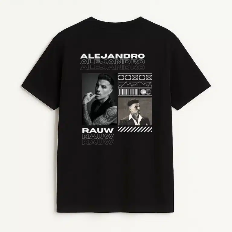 Playera negra con diseño de Rauw Alejandro, estilo urbano y estampado moderno. Ideal para fans del reggaetón.