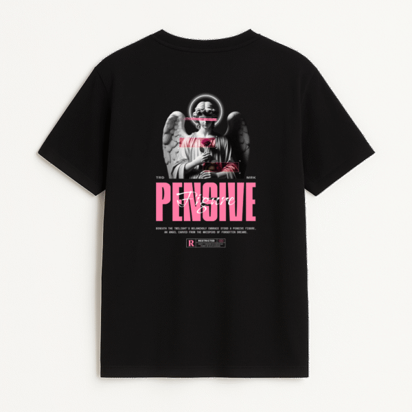 Playera negra con diseño de ángel pensativo en estilo cyber-dark, ideal para outfits alternativos y streetwear urbano en México.