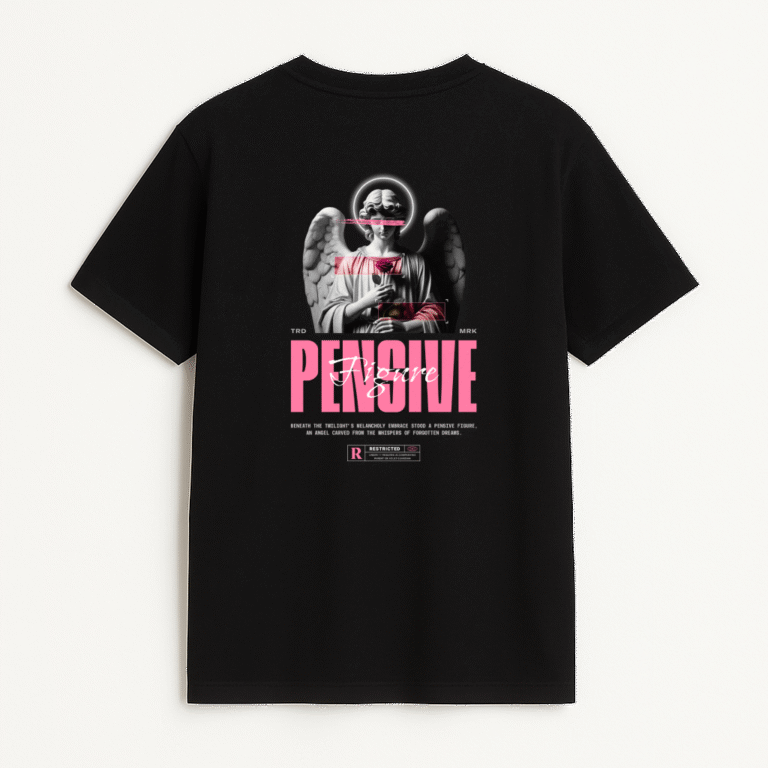 Playera negra con diseño de ángel pensativo en estilo cyber-dark, ideal para outfits alternativos y streetwear urbano en México.