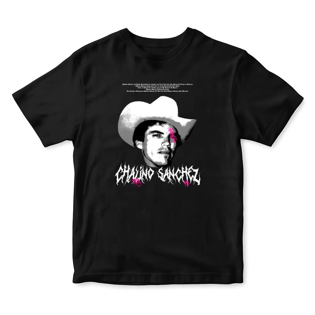 Playera Chalino Sánchez estilo urbano negra con diseño gráfico de corridos mexicanos