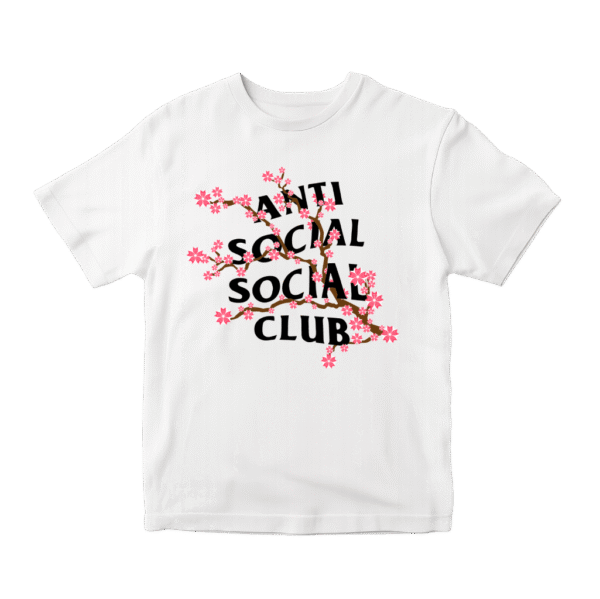 Playera blanca Anti Social Social Club con diseño de ramas de cerezo y letras negras – estilo streetwear unisex