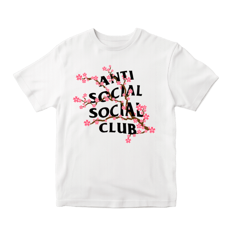 Playera blanca Anti Social Social Club con diseño de ramas de cerezo y letras negras – estilo streetwear unisex