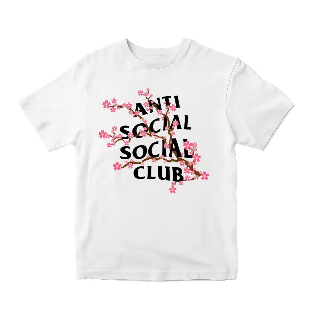 Playera blanca Anti Social Social Club con diseño de ramas de cerezo y letras negras – estilo streetwear unisex