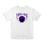 Playera blanca con calavera morada y texto "FEELING" estilo gótico