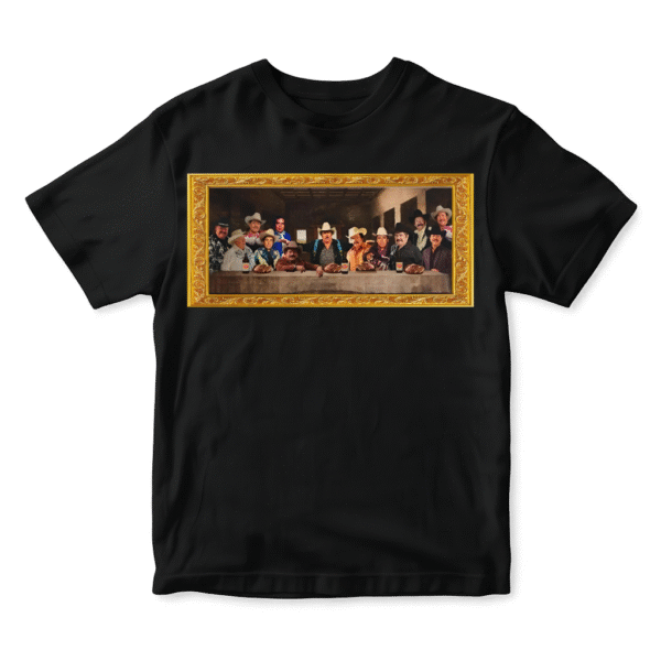 Playera negra con diseño de La Última Cena al estilo norteño con cantantes regionales mexicanos