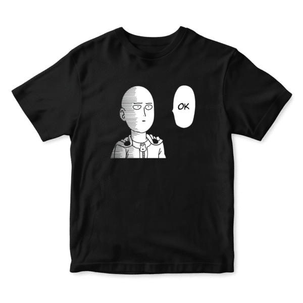Playera negra One Punch Man con Saitama diciendo OK, anime streetwear disponible en Playeras MTY México