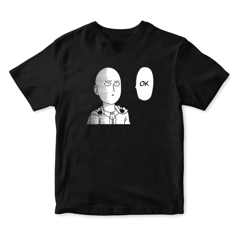 Playera negra One Punch Man con Saitama diciendo OK, anime streetwear disponible en Playeras MTY México