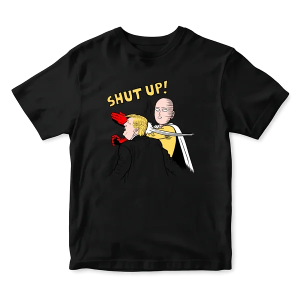 Playera de Saitama estilo One Punch Man diciendo Shut Up a Trump – diseño anime urbano