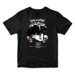 Playera negra oversize con diseño gótico de Valentín Elizalde y calaveras