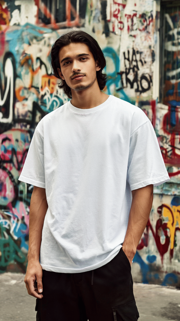 modelo con playera oversize blanca basica de playeras mty
